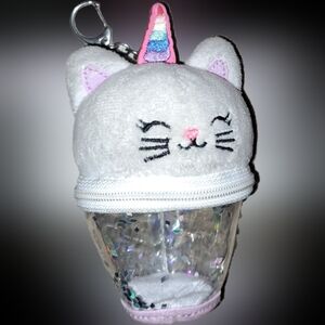 Unicorn Cat Zip Change Coin Holder Backpack Keychain Light Gray & Clear Confetti